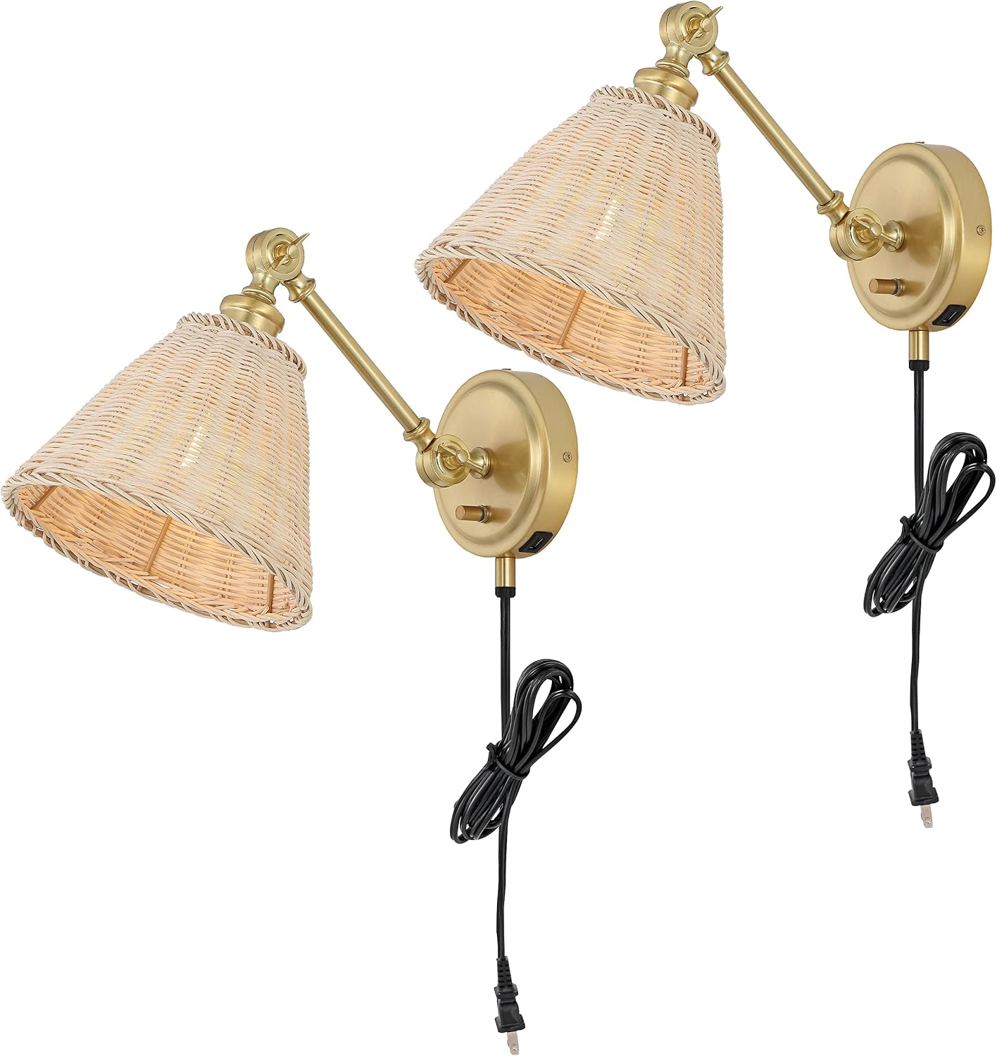 SAFAVIEH Lighting Collection Oswynn Boho Coastal Natural Rattan/Brass USB Port Wall Sconce Set of 2