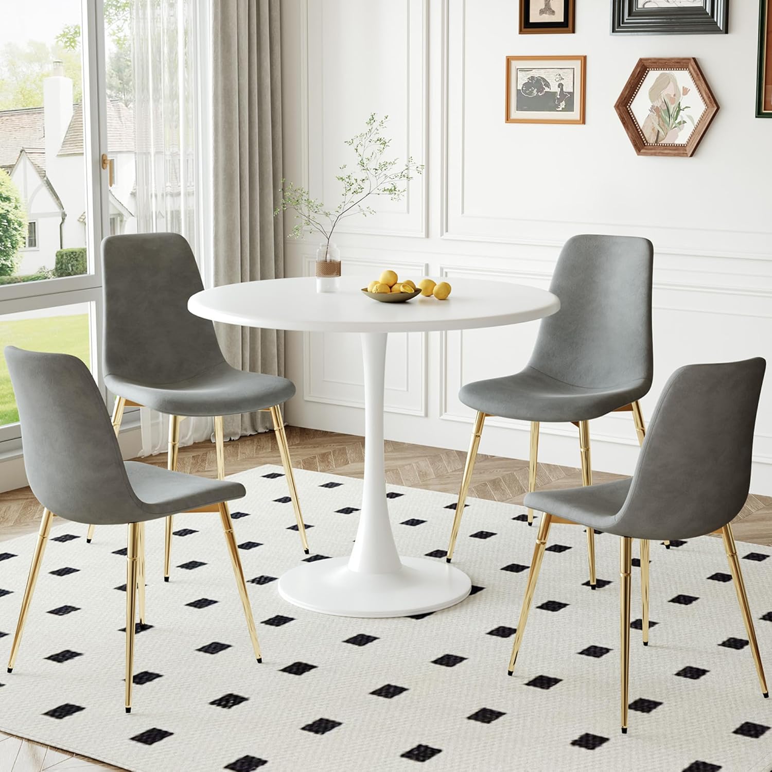 Dining Table Set for 4, 32" White Tulip Kitchen Table & 4 Grey Velvet Dining Chairs, Mid-Century 5-Piece Dining Room Set with Metal Base for Living Room, Cafe, Small Spaces (Gold Leg)