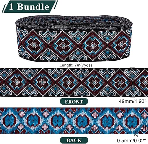 Miniatura 3 de PH PandaHall Cinta de jacquard azul de 7.66 yardas, 1-78 pulgadas1.9 in, cinta tejida floral embridada, tela bohemia, cinta de coser étnica jacquard