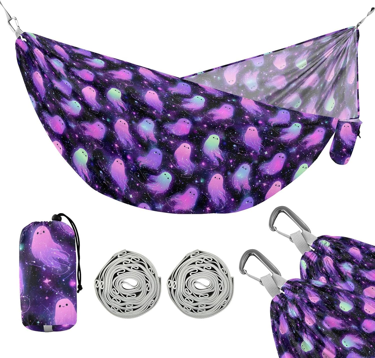 ALAZA Ghost Shiny Pattern Camping Hammocks Single or 2 Person 500 lbs Portable Parachute Travel Hammock w/Tree Straps for Hiking Backpacking Indoor Outdoor