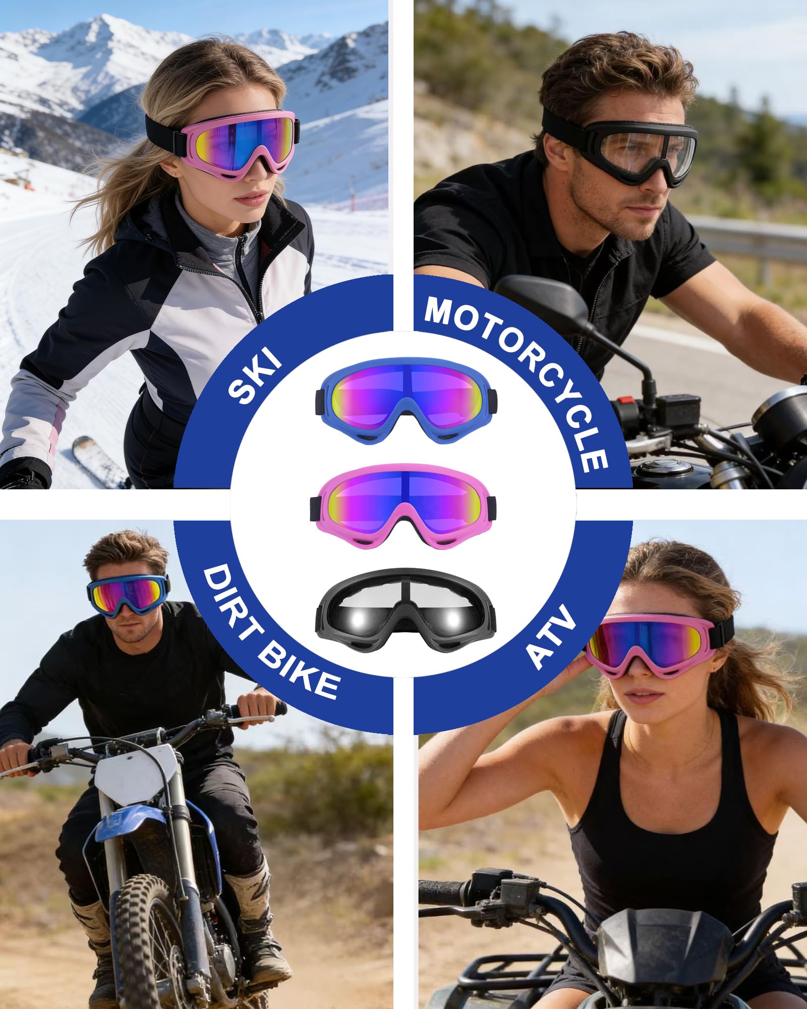 3 pary gogli motocyklowych, ochrona przed promieniowaniem UV, gogle narciarskie z 3-częściowym ochraniaczem na szyję, do jazdy przed kurzem i wiatrem