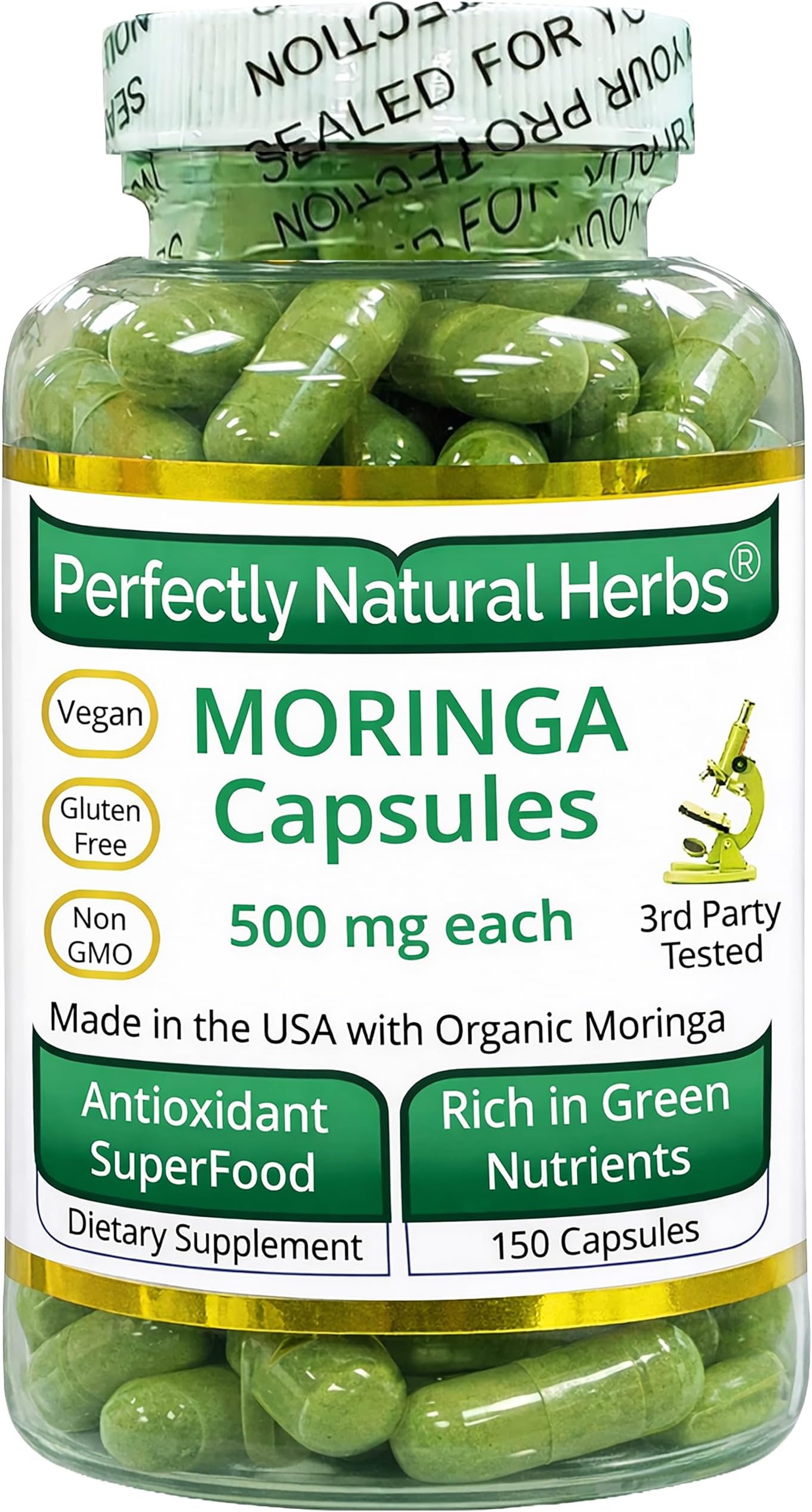 150 Moringa Capsules Made With USDA Certified Organic Moringa Leaf Powder, Net Weight of 500mg per Capsule