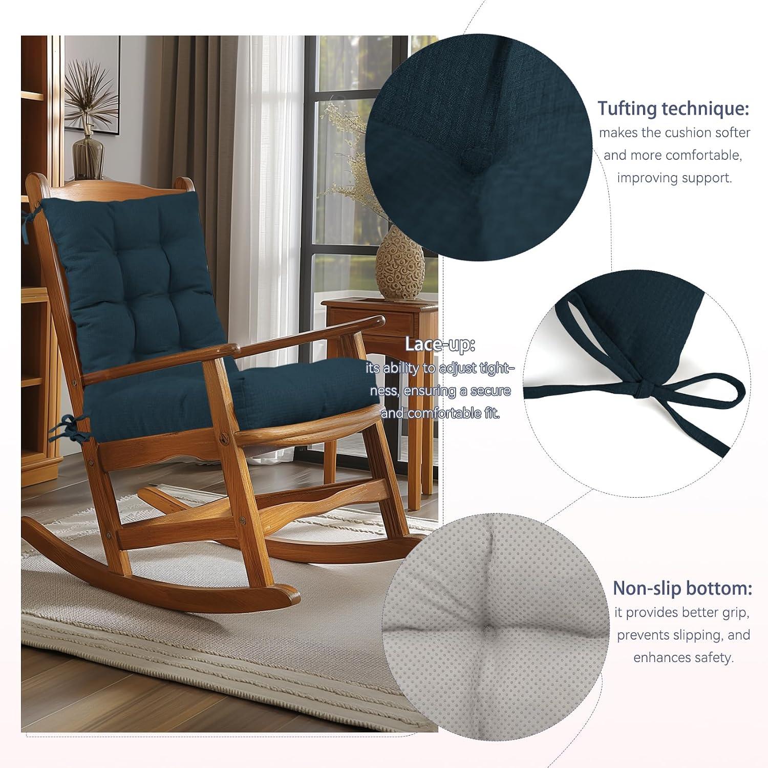 Rocking Chair Cushion, Non-Slip Comfortable Rocking Chair Cushions Indoor Tufted Seat and Back Cushion Set for Balcony Nursery Patio