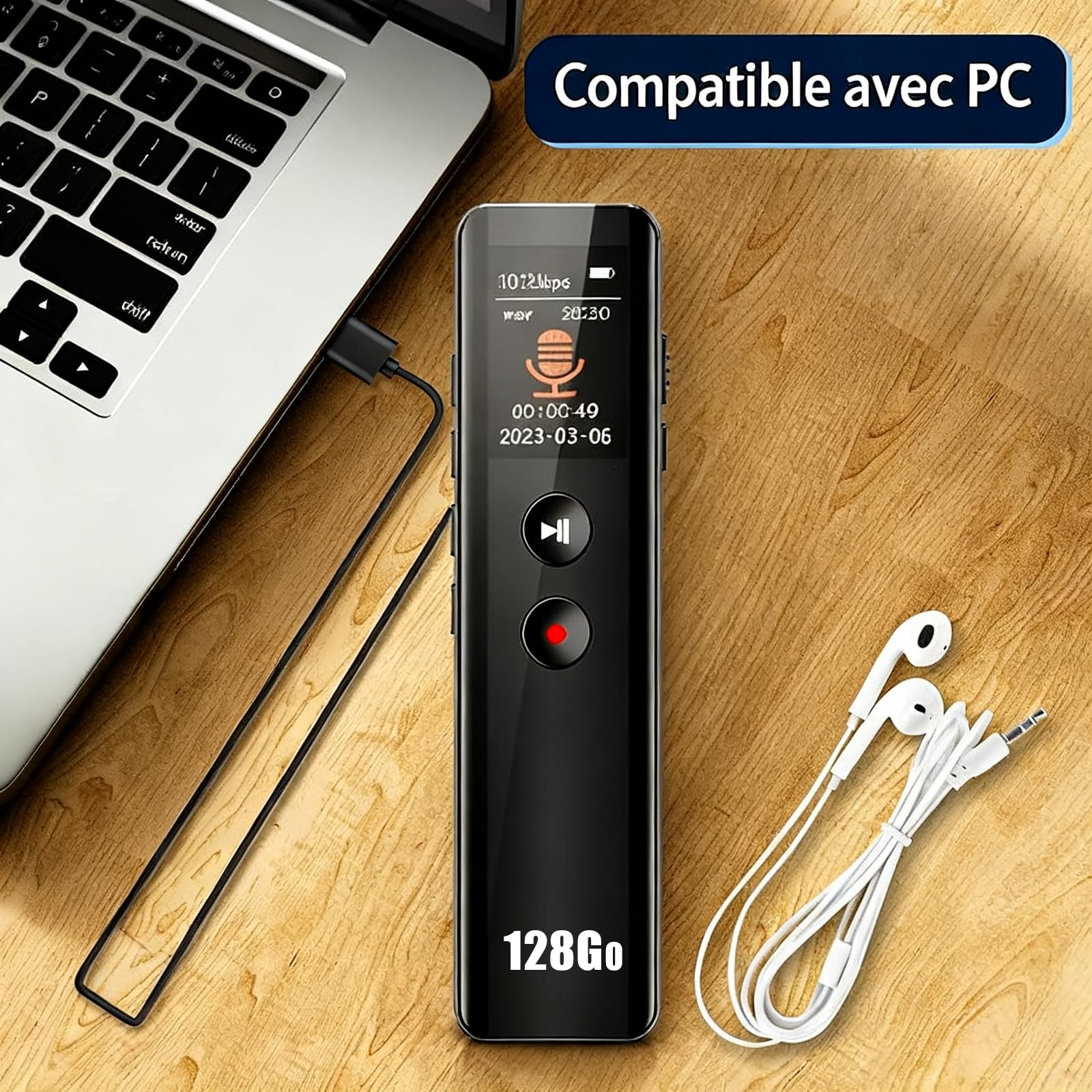 128GB Digitales Diktiergerät mit Wiedergabe,KI Geräuschunterdrückung, Sprachaktivierung, MP3-Player, Passwortschutz, USB-C, Bluetooth-Anrufaufnahme, für Vorlesungen,Meetings,Interviews