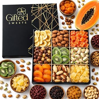 Dried Fruit & Nuts Gift Basket - 9 Variety Assortment Mix - Gourmet Dried Fruit and Nuts Snack Box, In An Elegant Gift Box for Birthday, Anniversary, Sympathy, for Men and Women