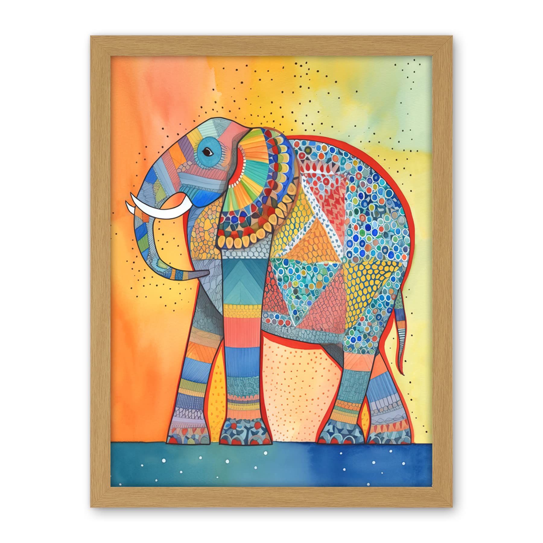 Artery8 Elephant With Geometric Patterns Folk Art Watercolour Painting Artwork Framed Wall Art Print 18X24 Inch
