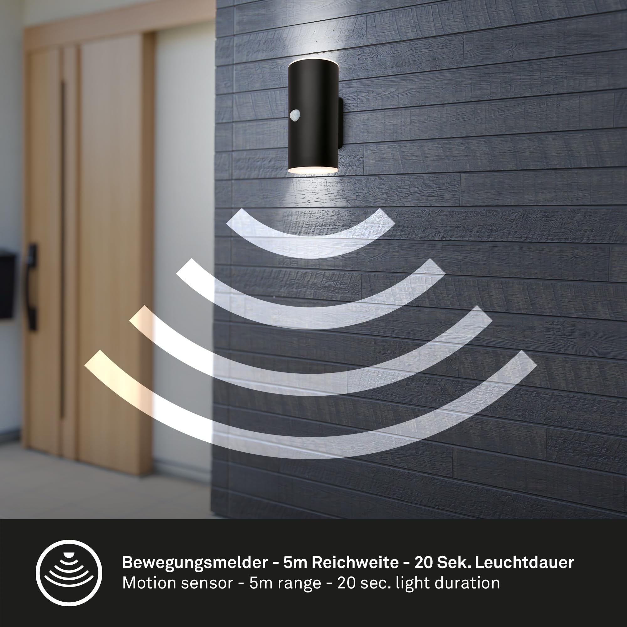 BRILONER - LED Wandlampe Akku mit Bewegungsmelder, Dämmerungssensor, 20 sek. Timer, Aussenlampe, Wandleuchte aussen, LED Strahler, Außenleuchte, Außenwandleuchte, 15,5x7x8,5 cm (HxBxT), Schwarz