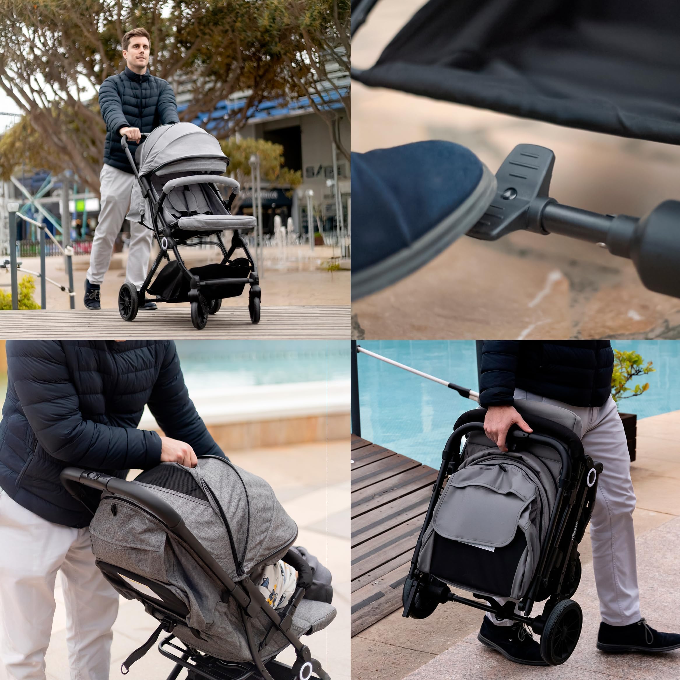 Interbaby Poussette Canne Légère Bébé Voyage 22 kg, Capote XXL (Gris) | Poussette compacte de la naissance à 48 mois, capote XXL interchangeable, amortisseurs, accoudoirs, pliage rapide