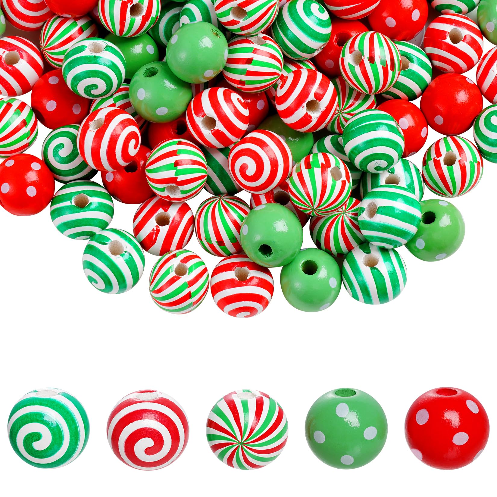 Jmkcoz100 Pcs Christmas Wooden Beads Candy Cane Wood Beads Xmas Swirl Beads 0.63 Inch Spacer Beads Round Craft Bead for DIY Garland Jewelry Making Holiday Tree Hanging Decoration