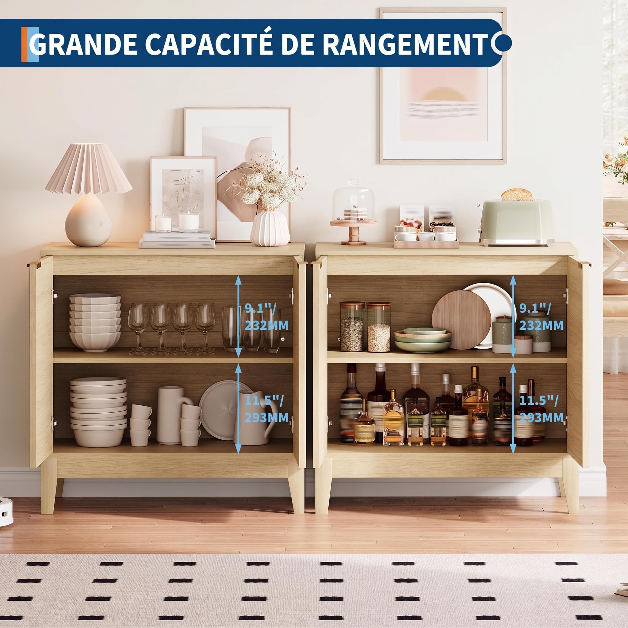 Garvee Buffet Bas cannelé Moderne 80 cm Meuble de Rangement avec 2 Portes