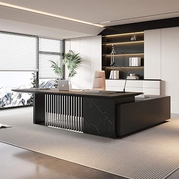 SAINTCY Large L Shaped Executive Desk, Office Computer Desk with Universal Charging Ports and Cable Management for Business Furniture Set Workstation for Home Office Left Return, 86.6 inch