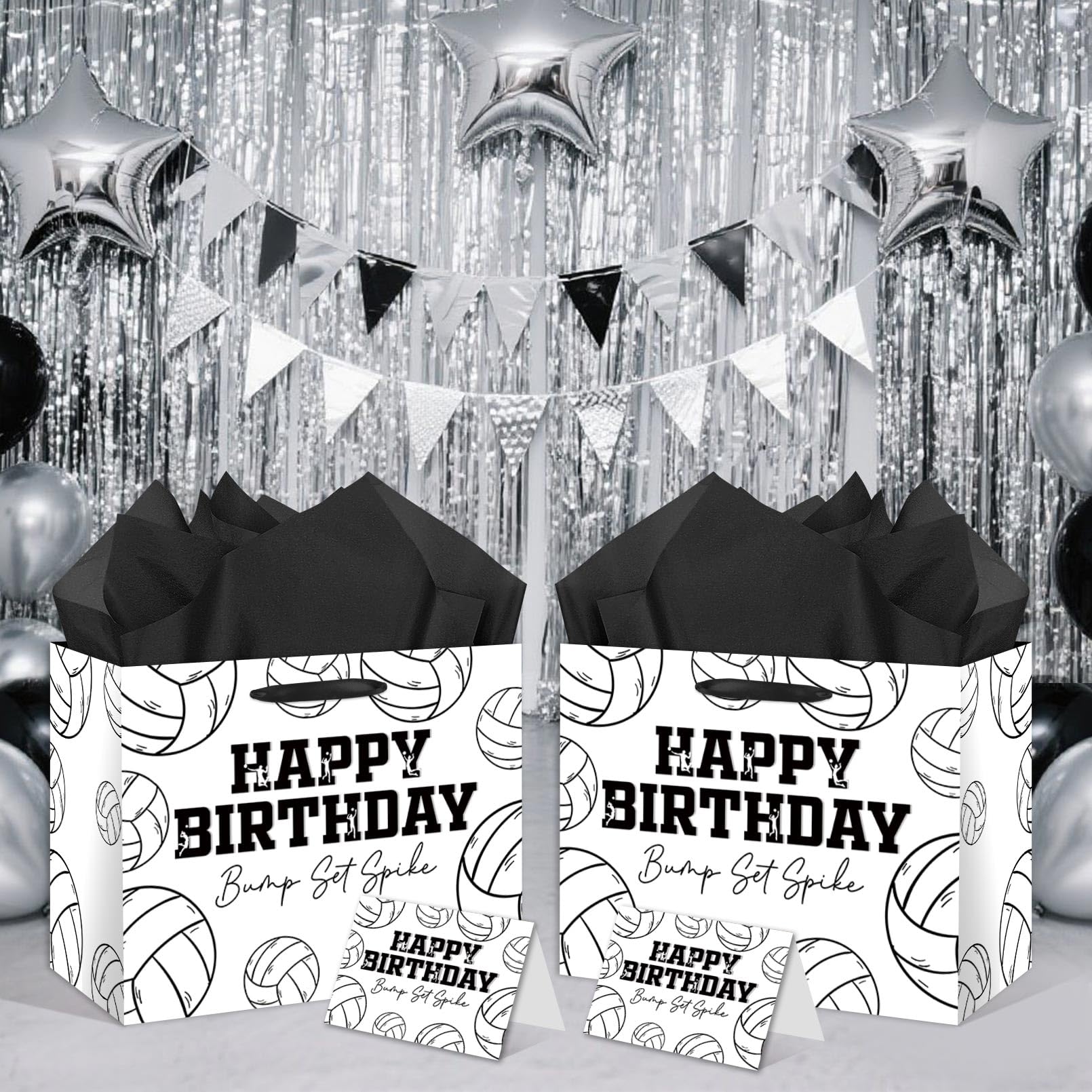 HSKMAKE Large Volleyball Birthday Gift Bag, Black White Volleyball Theme Gift Bag, with Card and Tissue Paper, Sports Party Gift Bags, for Boys, Girls, Fans, Birthday Party Favor Decorations Supplies