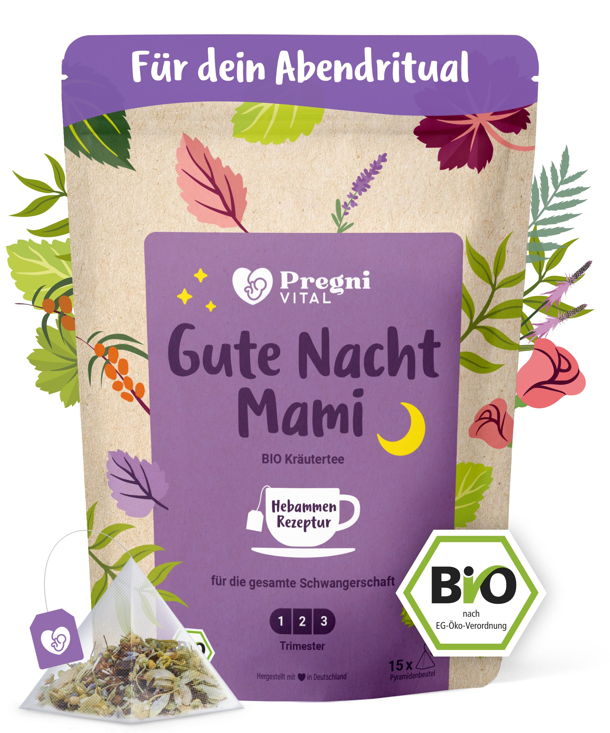 PregniVITAL Gute Nacht Mami – BIO Abendtee, speziell für schwangere Frauen – Schwangerschaftstee 1. 2. 3. Trimester – Vor dem Schlafengehen mit Hopfen und Lavendel – 15 Pyramidenbeutel