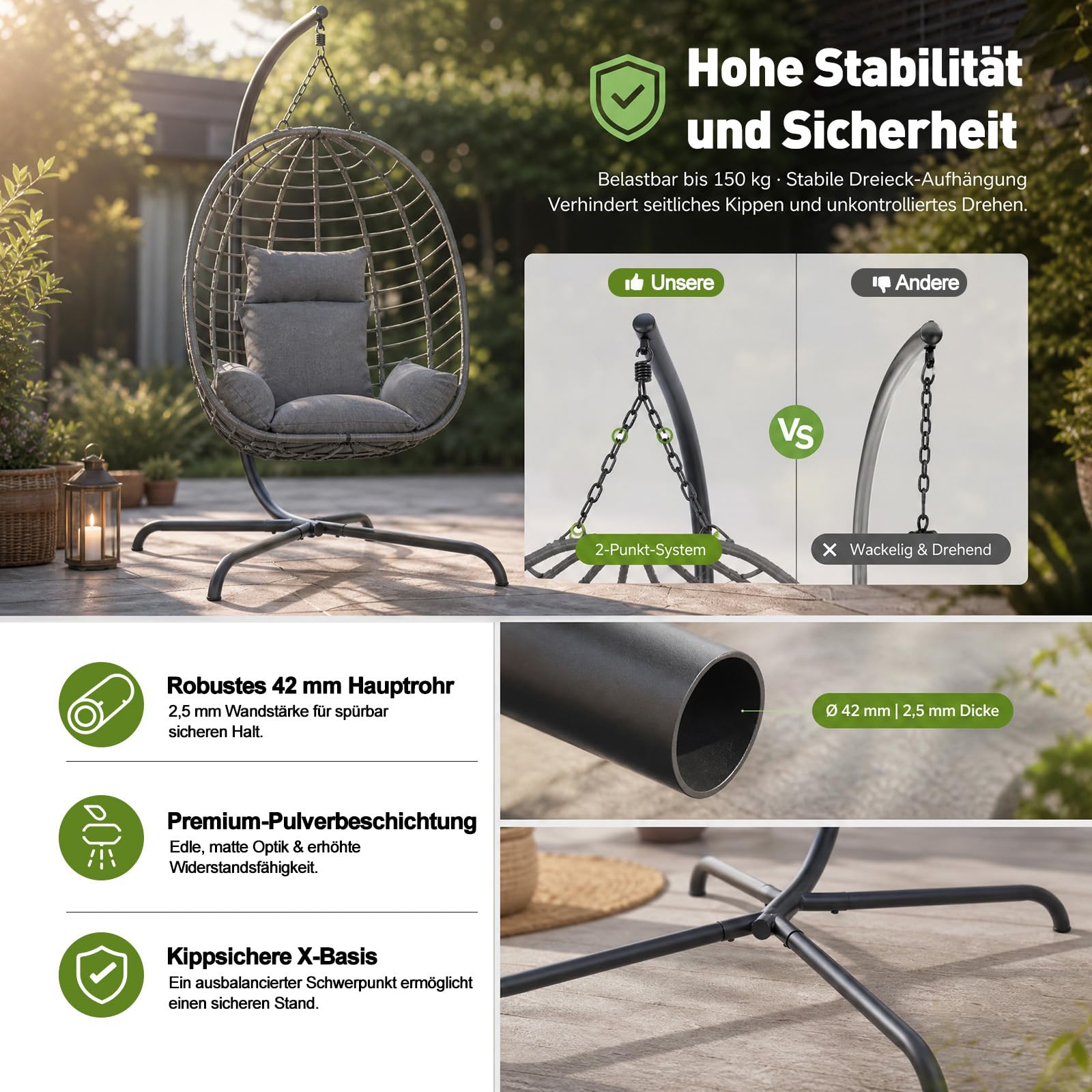 Sekey XXL Hängesessel mit Gestell, 93 cm Breiter Hängekorb mit Dickem Kissen (2 kg), bis 150 kg, Faltbarer Sitzkorb, 2-Punkt-Aufhängung & Kippsichere X-Basis, für In- & Outdoor, Balkon, Garten