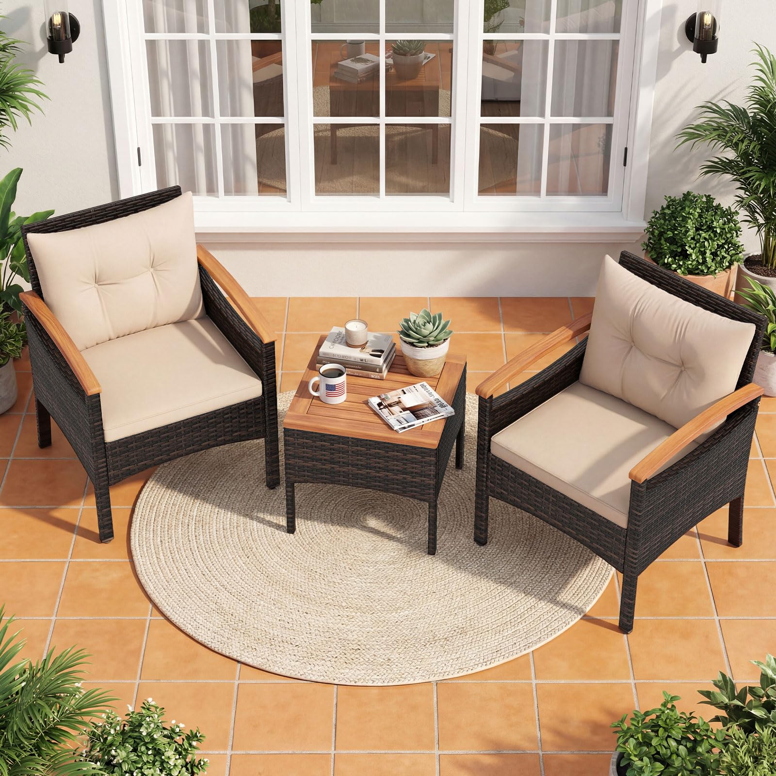 COSTWAY Balkonmöbel Set, Rattan Gartenmöbel Set 3 teilig mit 2 Stühle und Tisch aus Akazienholz, Balkonmöbel Kleiner Balkon, Gartenlounge 2 Personen inkl. Kissen, für Garten Terrassen Balkon (Braun)