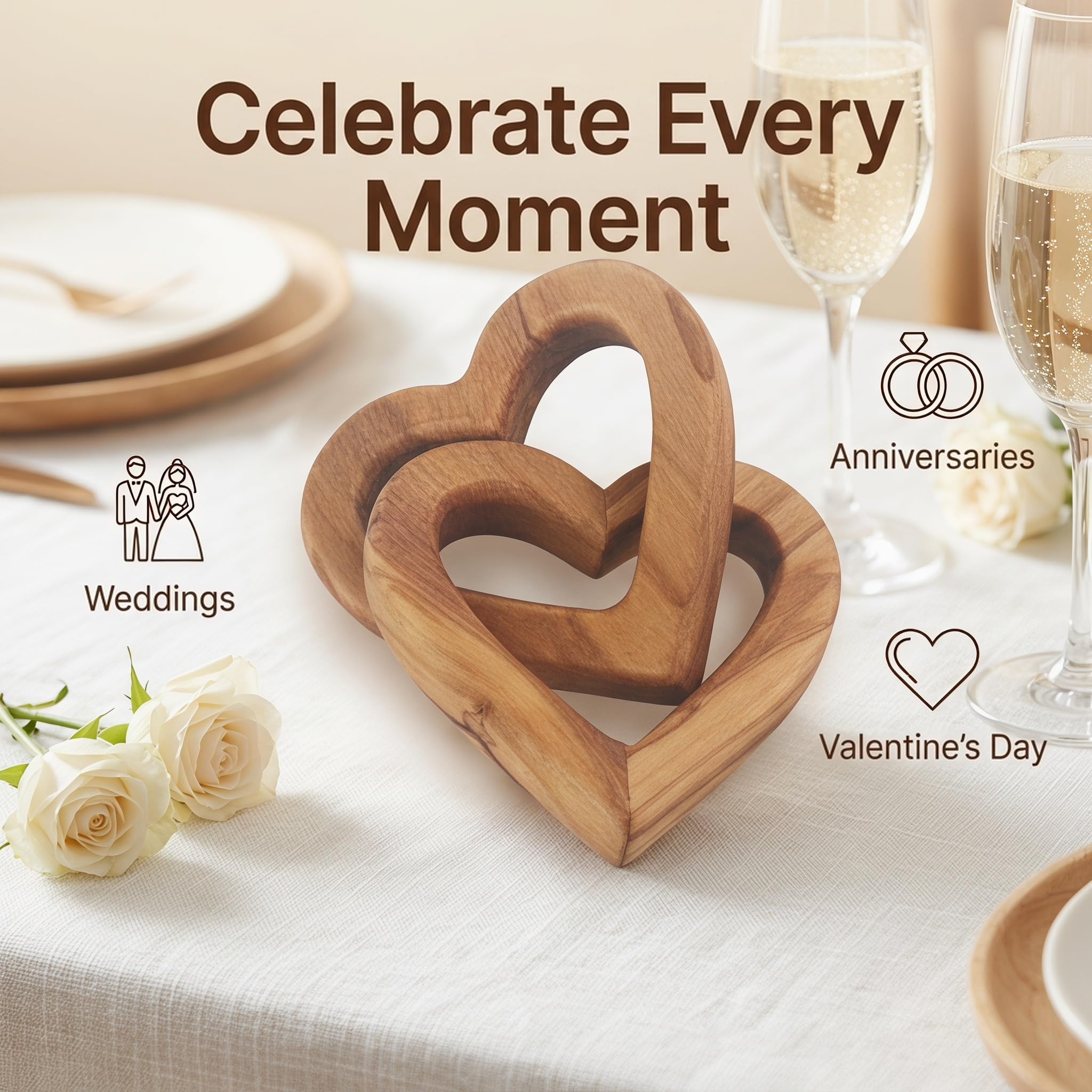 Corazones de madera de olivo entrelazados, regalo del día de San Valentín para compromiso, aniversario, boda, corazones de madera de olivo entrelazados unidos a mano, decoración del hogar (M)