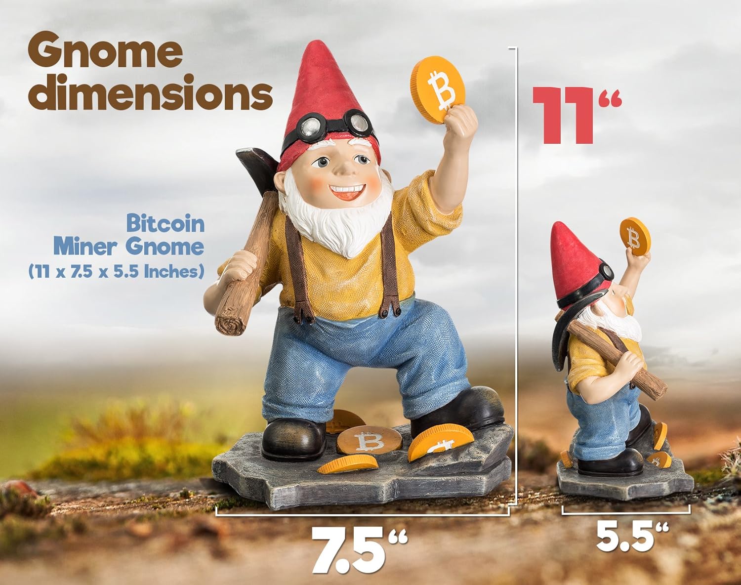 Joykick Bitcoin Miner Gnome - 11 x 7.5 Inches Hand Painted Garden Statue - Miniature Figurine for Indoor and Outdoor Use - Funny Gift for Home or Lawn Decor