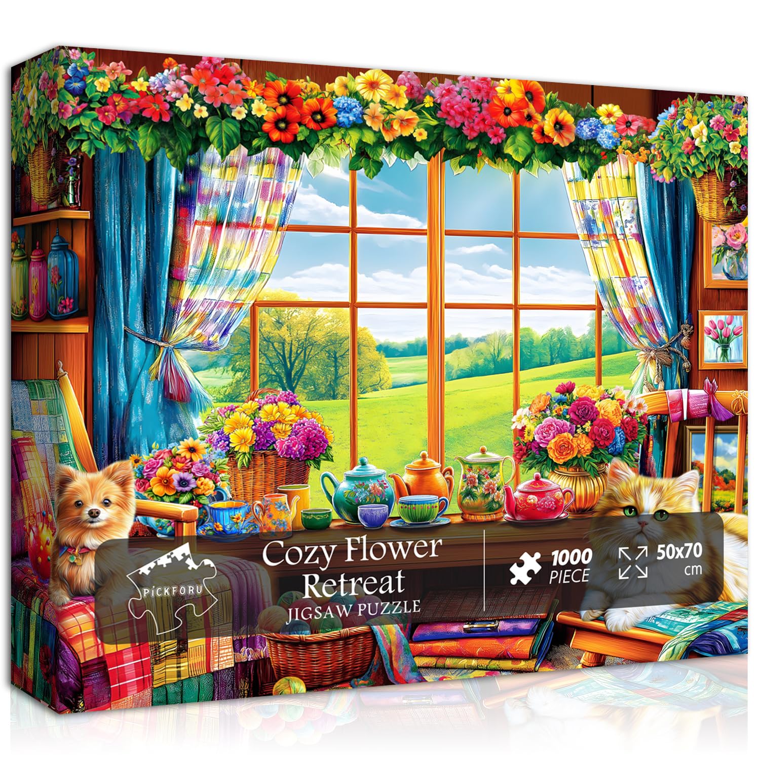 PICKFORU Flower Garden Puzzle for Adults 1000 Pieces - Nature Features Flowers, Teacups, Quilt, Dog Cat - Spring Plant Floral Challenging