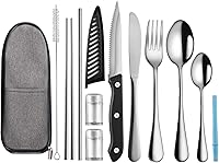 Logcow 10-Piece Reusable Travel Utensils with Case - Stainless Steel Cutlery Set for Camping, Picnic, Office, School (Silver)