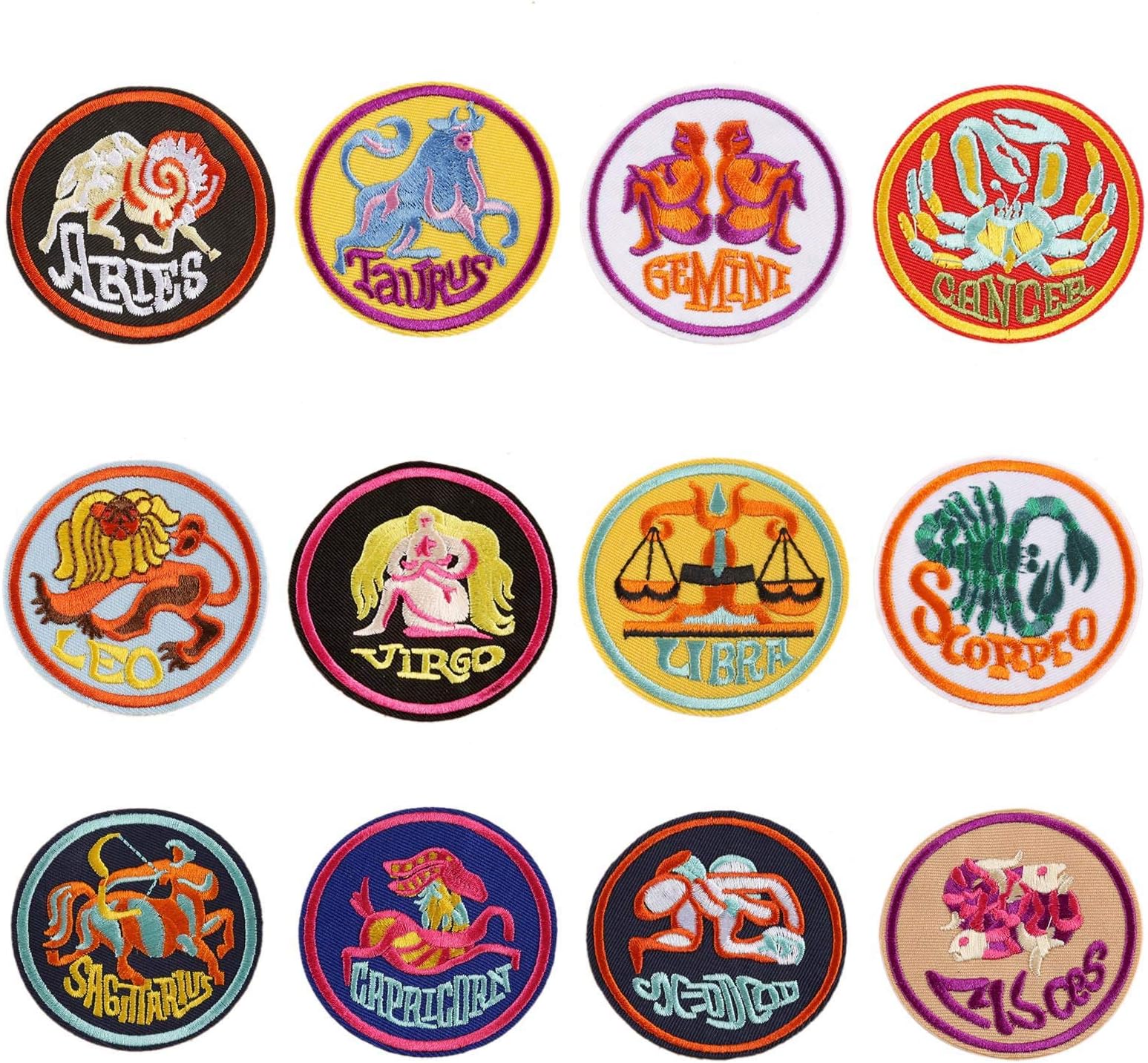 Zodiac 12 Constellations Symbol Patch 12 Pieces Iron On/Sew On Patches for Clothing Vintage Embroidered Emblem DIY