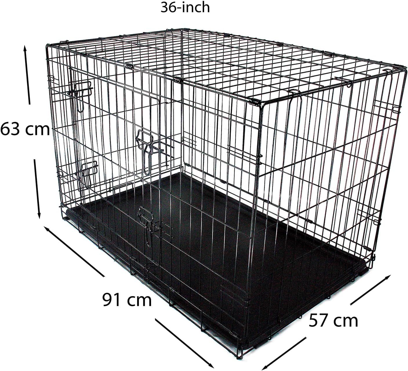 Dog Crate Puppy Cage Large 36 inch 91 x 57 x 63 cm Pre-assembled 2 Door Double Access Front Side Removable Plastic Tray Base Training Pet Travel Carrier Car Boot Foldable Sturdy Black Metal Wire Frame