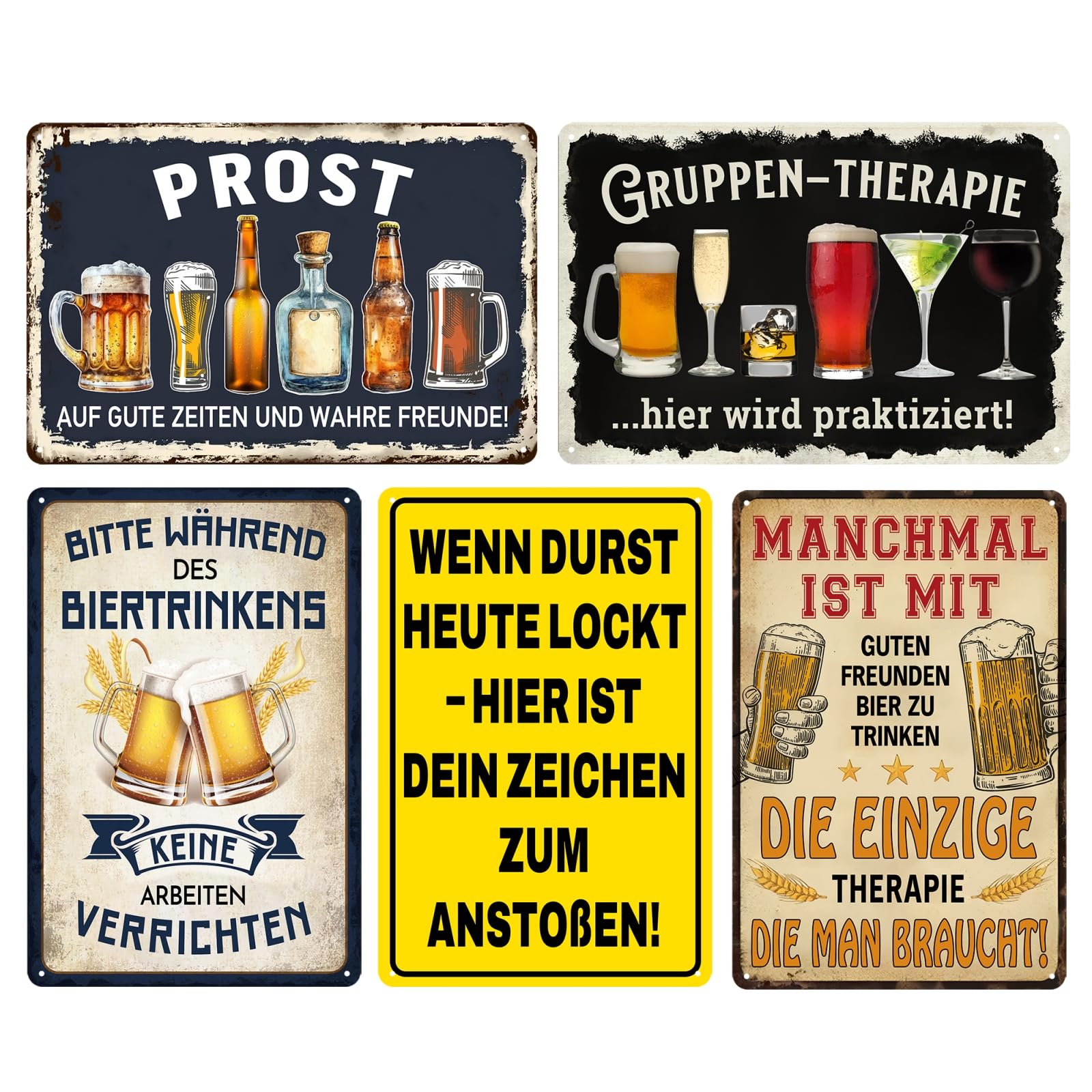 5er Set Lustige Metall-Wandschilder für Bar, Garten & Mannshöhle (20x30 cm) – Deko für Zuhause, Café, Club & Kneipe – Rustikale Retro-Schilder