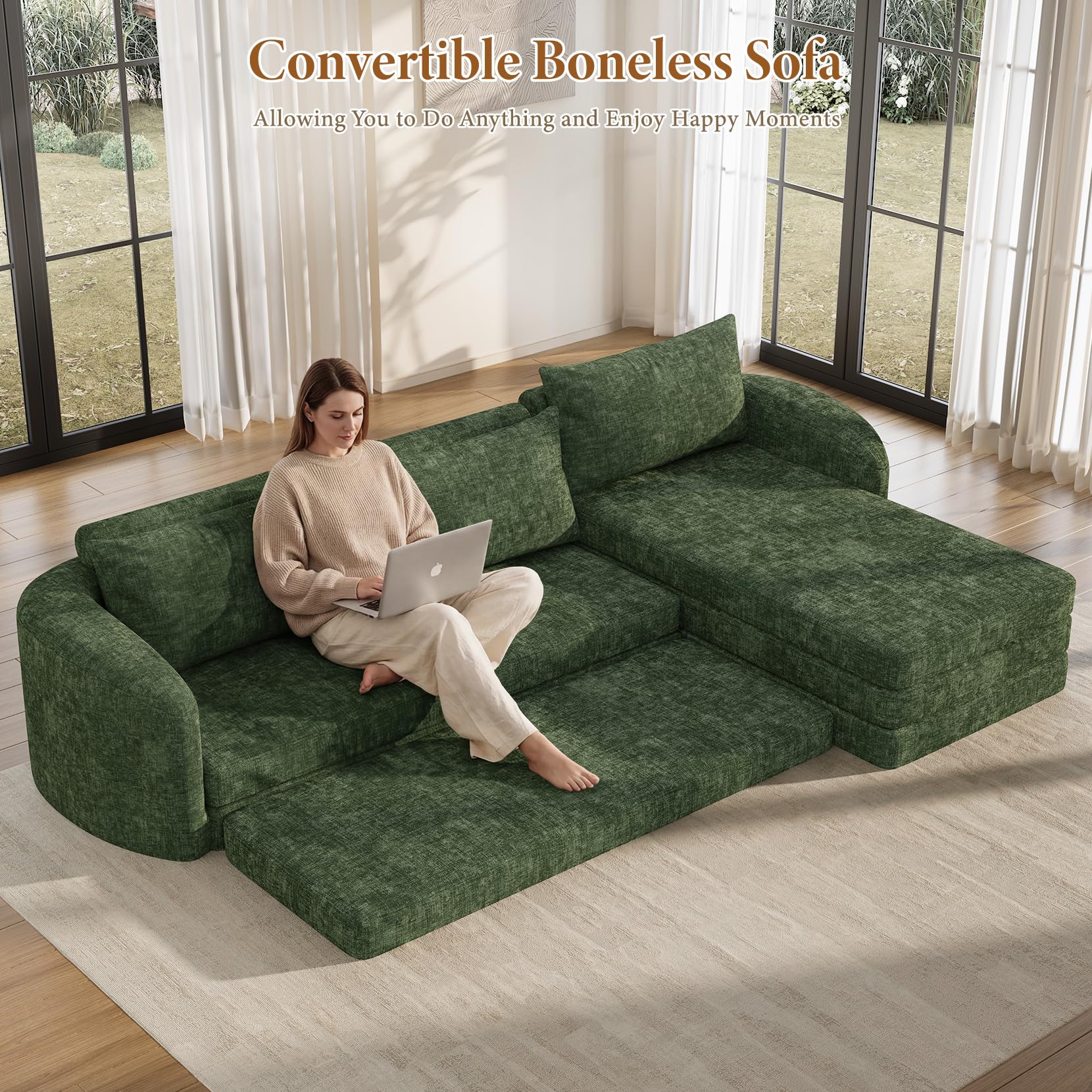 Vesgantti 6 in 1 Convertible Folding Sleeper Sofa Bed, No Assembly, Green | 110.2" L Shaped Modular Sectional Sofa, Curved Armrest, Deep Seat Boneless Couches for Living Room, Chenille, Right Facing