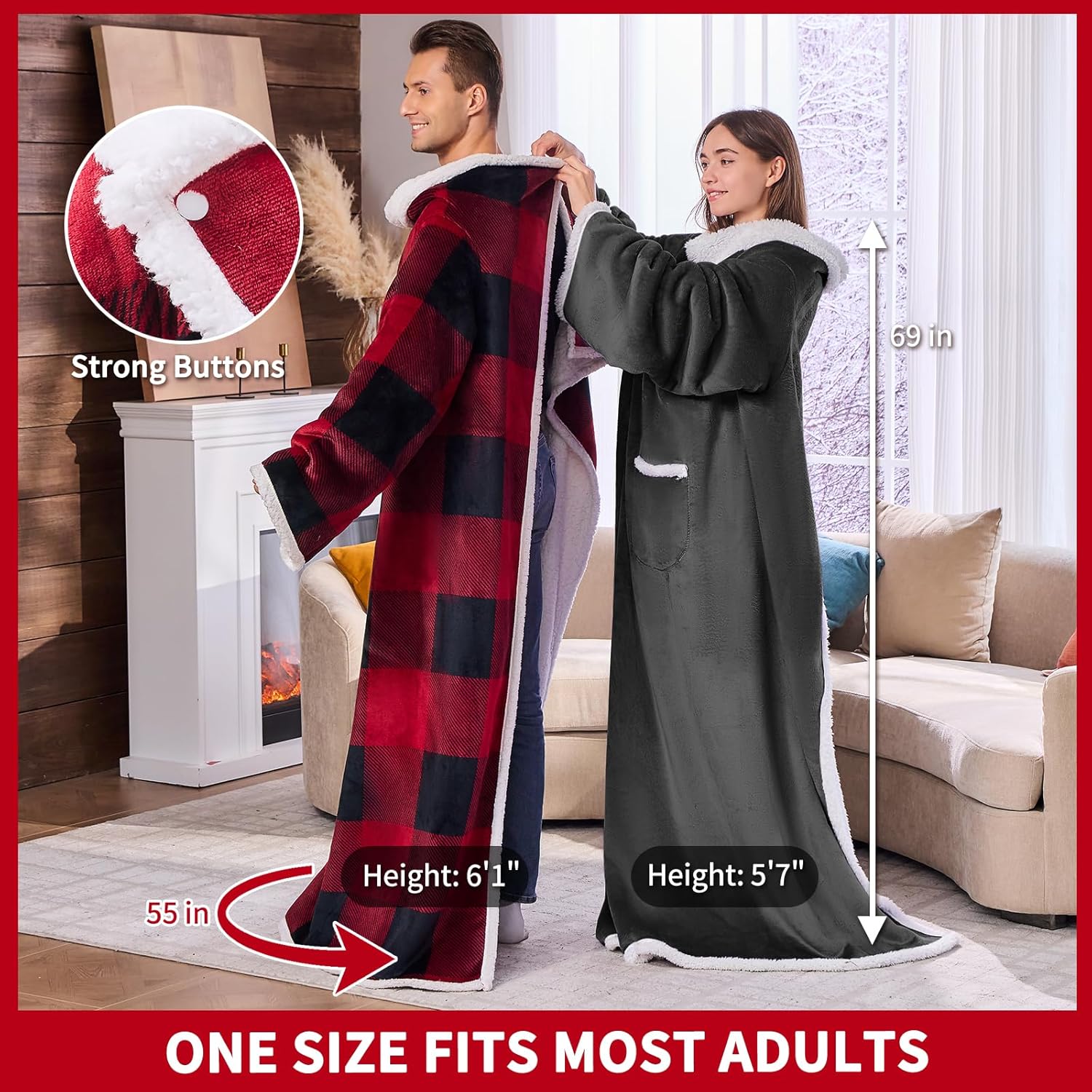 IFNOW Sherpa Wearable Blanket with Sleeves for Women Men Adults, Christmas Birthday Gifts for Women Mom Wife, Cozy Wearable Blanket with Arm and Pocket, Warm Full Body TV Wrap Throw Blanket, Black - Image 6