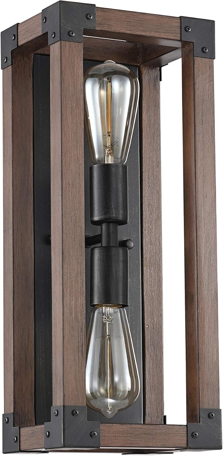 Pine Wood 2-Light Wall Sconce Antique Black Metal Finish