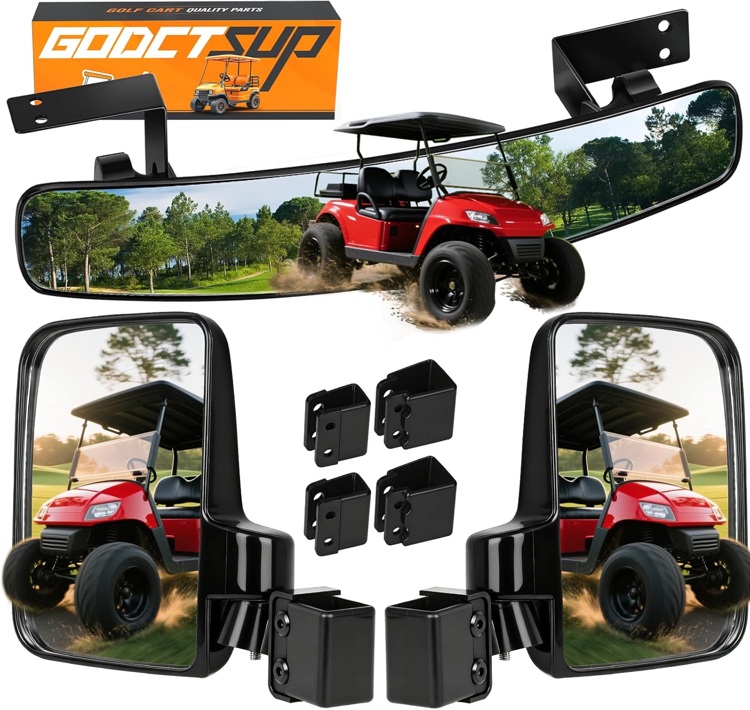Golf Cart Mirrors, Universal Panoramic Golf Cart Rear View Mirror & No Drilling Golf Carts Side Mirrors Kit for Club Car EZGO YAMAHA and Others Carts, Durable Anti-Shudder, Safety Upgrade