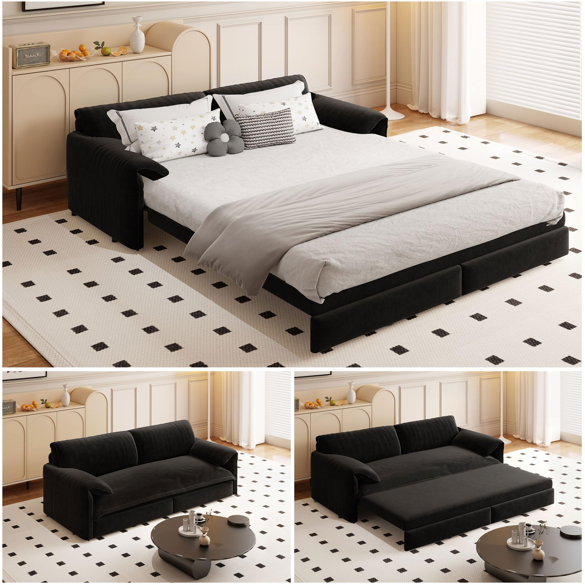 BAYYELL 66" Queen Size Pull Out Sofa Bed, 3-in-1 Convertible Sleeper with Side Storage and Wheels, Velvet Loveseat for Living Room, Apartment, Bedroom