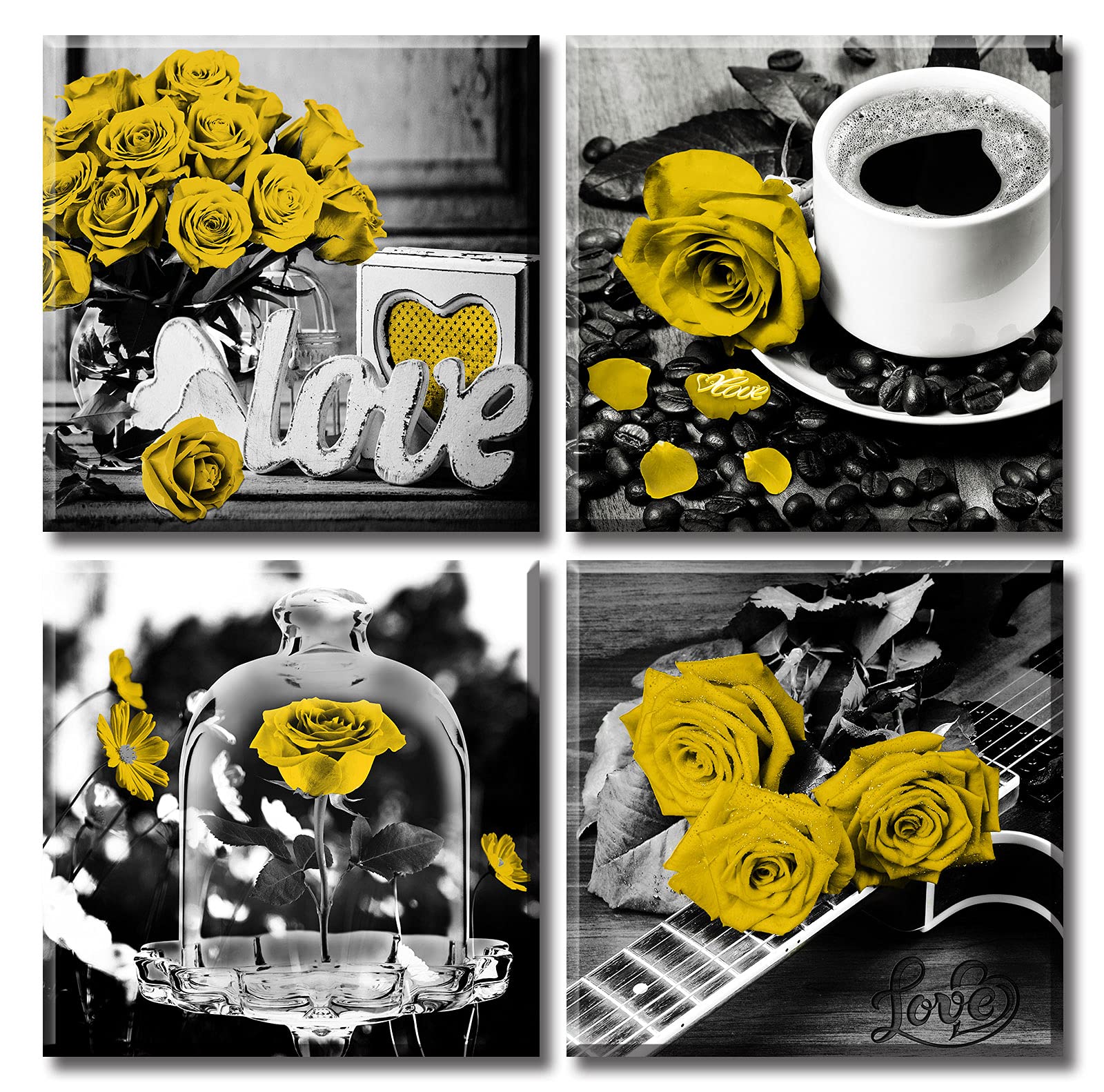 DJSYLIFE Yellow Rose Decor for Living Room Art Wall 4 Piece Flower Picture Poster Decoration Artwork Hanging Painting 12" Wx12 Hx4