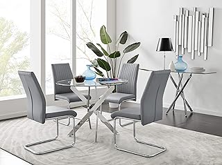 Furniturebox UK Dining Set - Novara Round Dining Table and Lorenzo Chairs Set Of 4 - Modern Dining Table Silver Chrome Legs, Table with 4 Dining Chairs (Glass Dining Table + 4 Grey Chairs)
