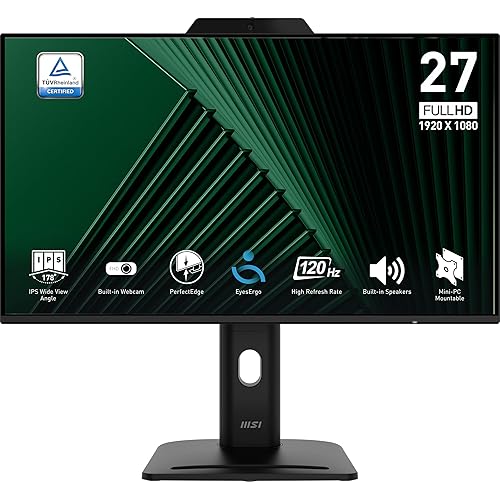 MSI PRO MP272PMG, 24-inch IPS 1920 x 1080 (FHD) Computer Monitor, 120Hz, Webcam, Adaptive-Synch, EPEAT Silver, HDMI, DisplayPort, VGA Port, VESA Mountable, Tilt, Height Adjustable, Speaker, 1ms, Black