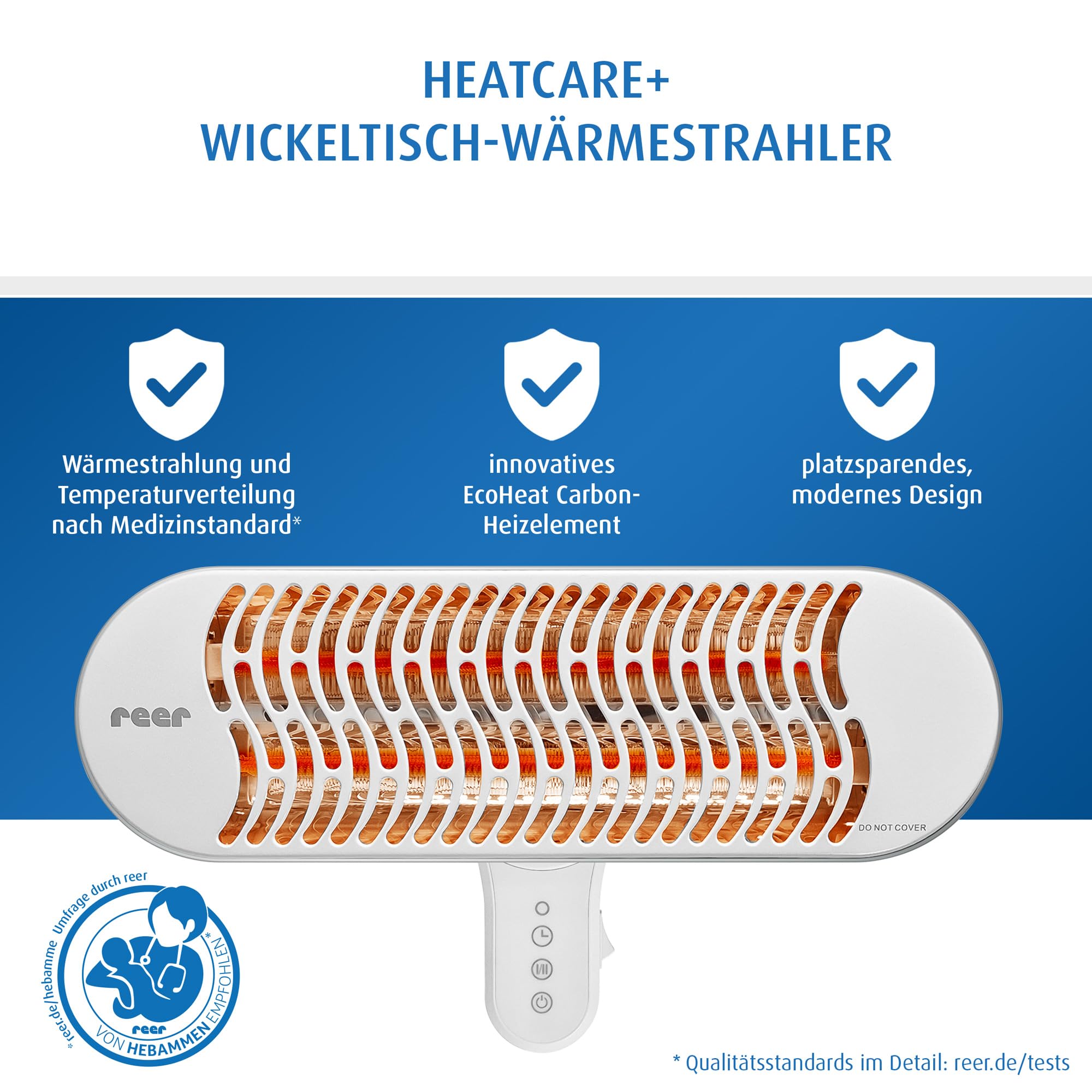 reer HeatCare+ Wickeltisch-Wärmestrahler | EcoHeat Carbon Heizelement | Infrarot-Heizstrahler mit neigbarem Kopf | Wärmespender für Babys | Energiesparend | Wandgerät mit Fernbedienung