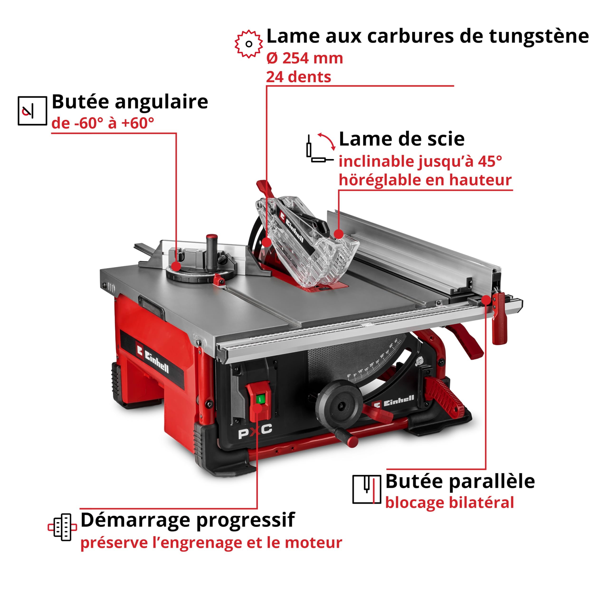 Einhell TE-TS 36/10 T Scie circulaire sur table sans fil 36 V lame Ø 254 mm hauteur de coupe 89 mm inclinaison 45° Li-Solo Power X-Change