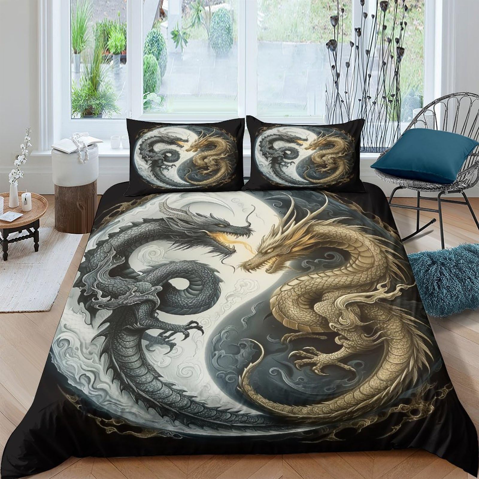 Ctjqhvkz Style-6 3D Printed Yin Yang Dragon Fitted Sheet Microfiber Soft Black Gold Chinese Bed Cover For Bedroom Guest Room Decor Single（135X200cm）