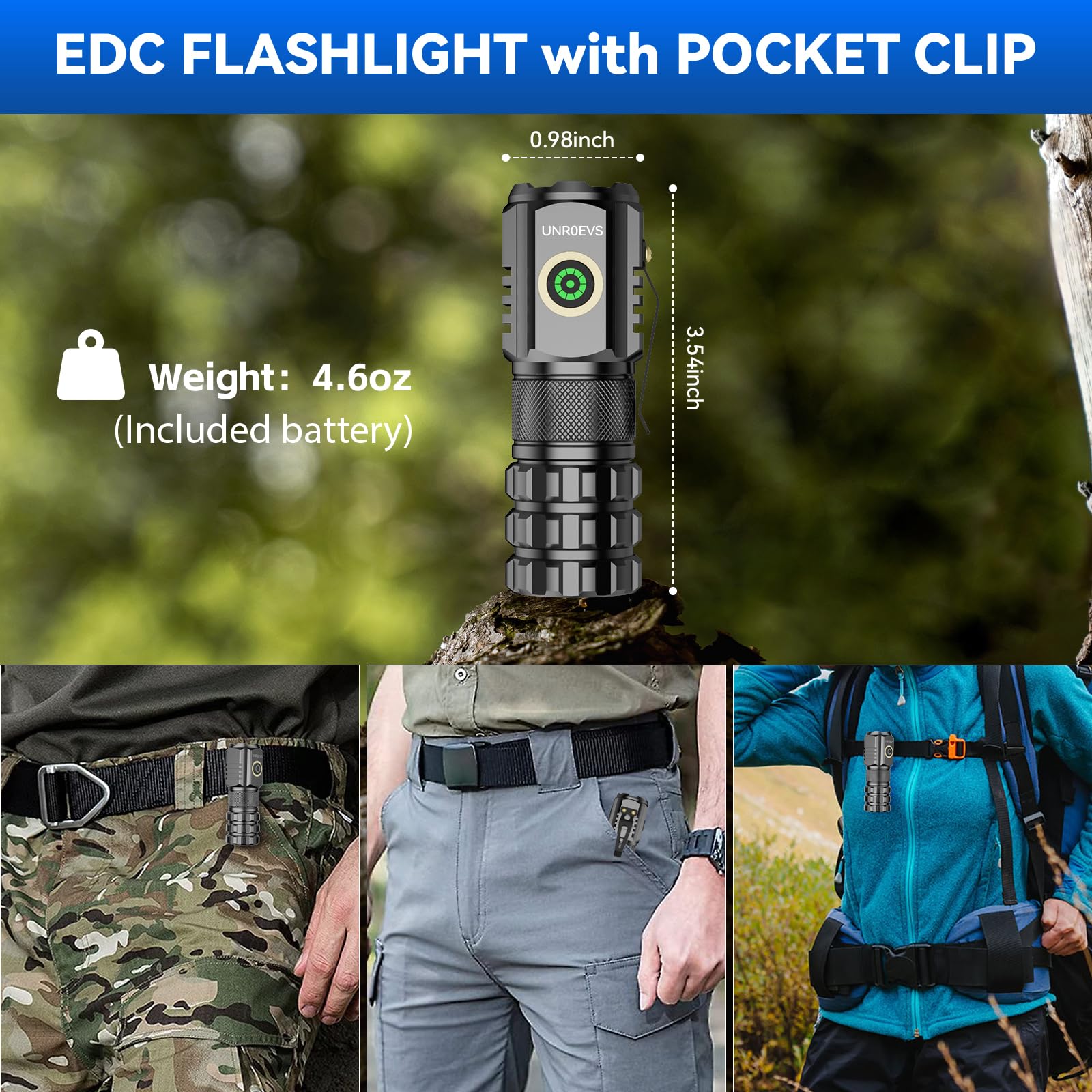 UNROEVS XC06 Mini linterna recargable, linterna de bolsillo con imán, linterna compacta pequeña superbrillante, 5 modos de linterna EDC para camping, emergencia.