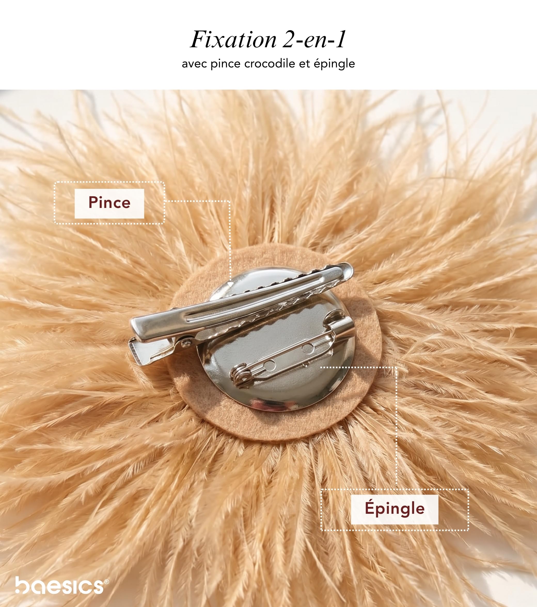 Baesics Broche à plumes pour femme - Plume d'autruche Fluffy - Broche à clipser - Vintage pour mariage, mariée, carnaval, blazer