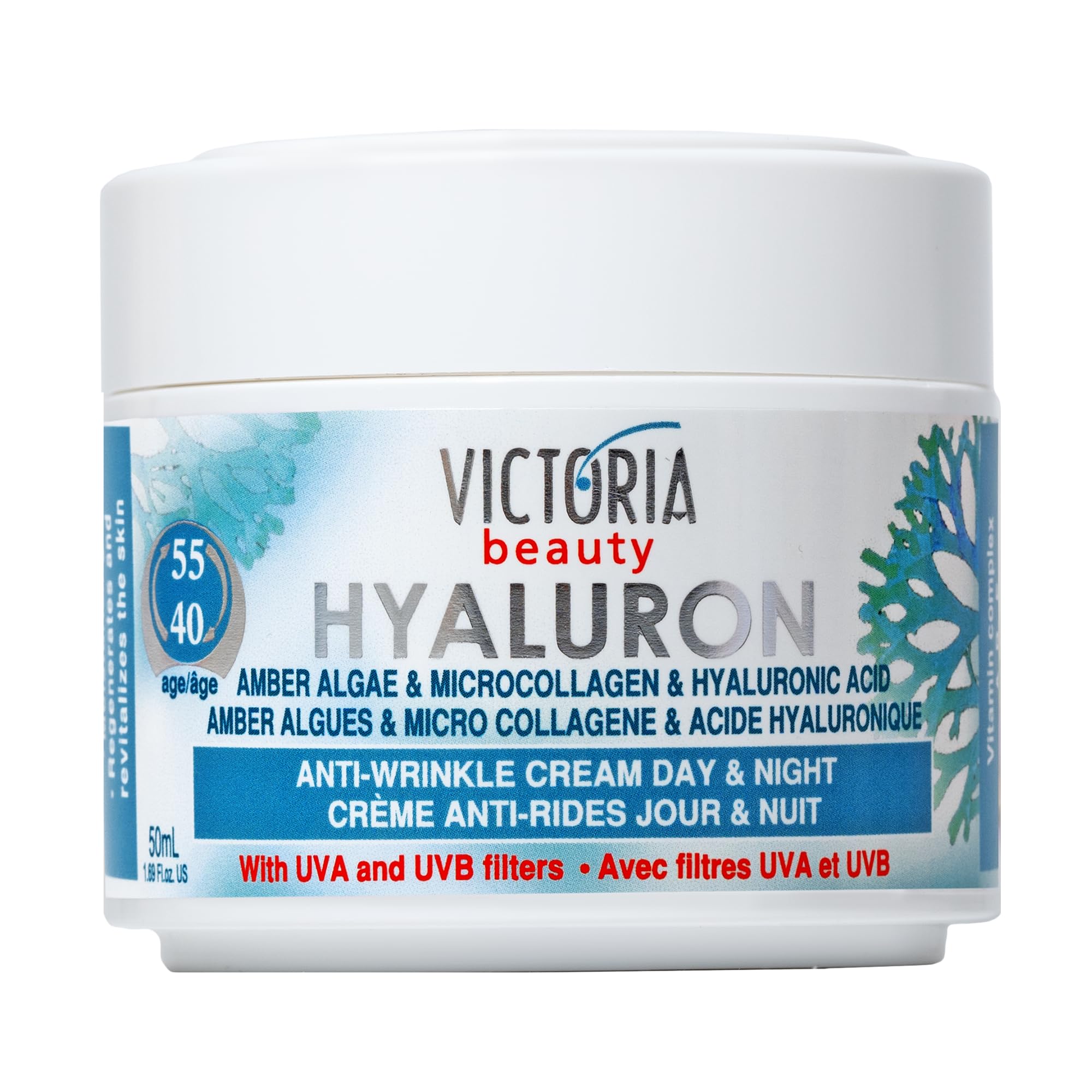 Victoria Beauty Face Cream (Age 40-55)- Day and Night Anti Aging Moisturiser with Hyaluronic Acid, Micro-Collagen, Retinol and Vitamin E- UVA/UVB Filter, 50ml