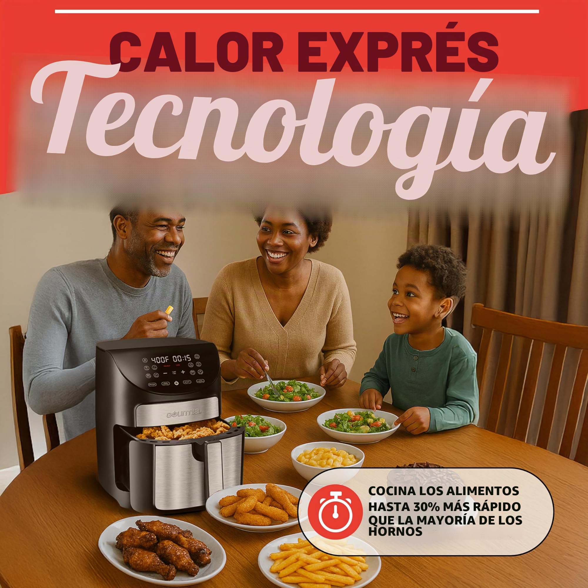 Gourmia GAF798 Freidora de aire digital - Freír saludable sin aceite - 10 funciones de cocción de un solo toque - Instrucciones de cocina guiadas - Fácil limpieza - Cesta de 7 litros - Libro de