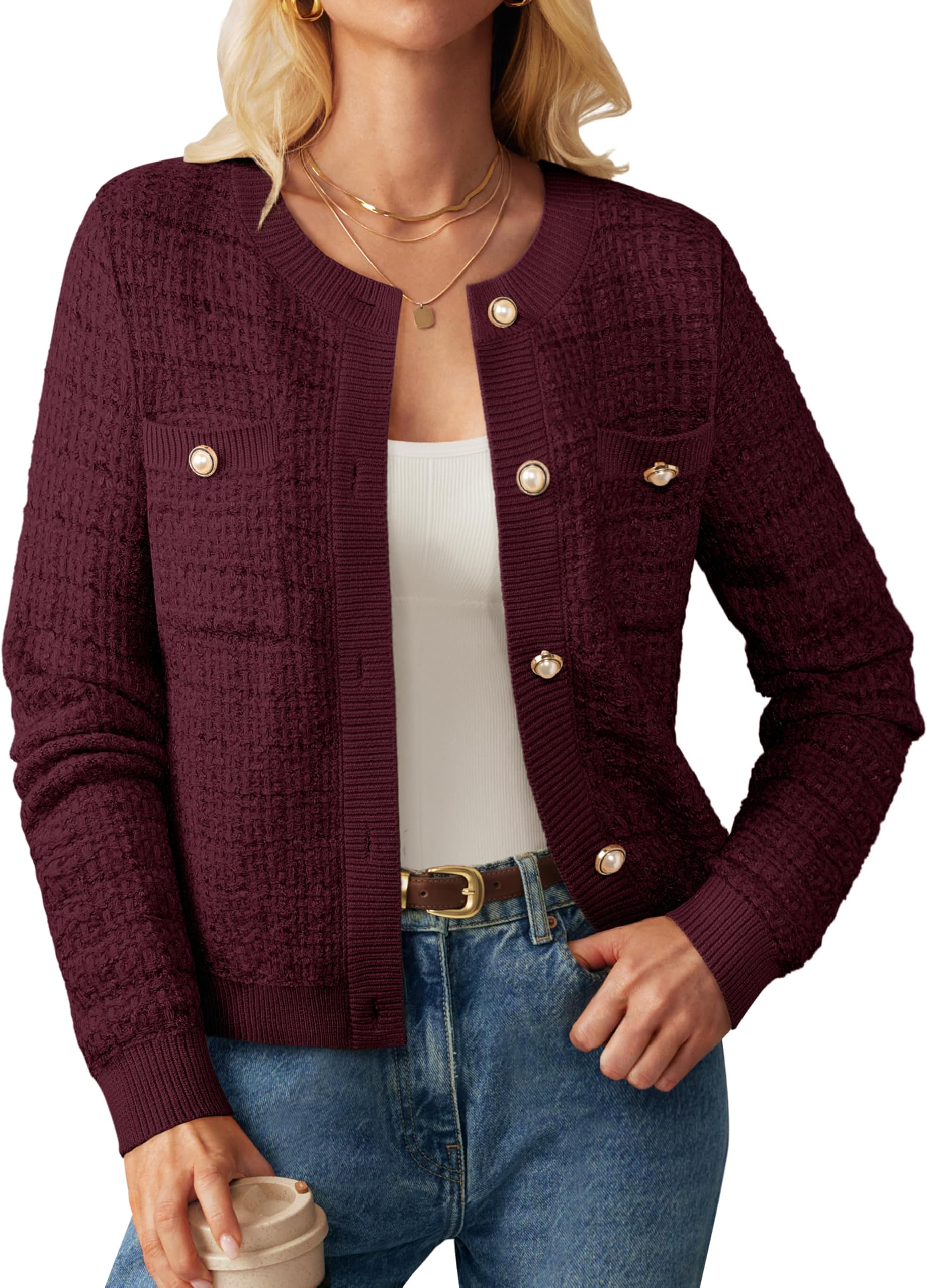 Womens Open Front Button Down Long Sleeve Texture Knit Cardigan Sweaters with Pockets