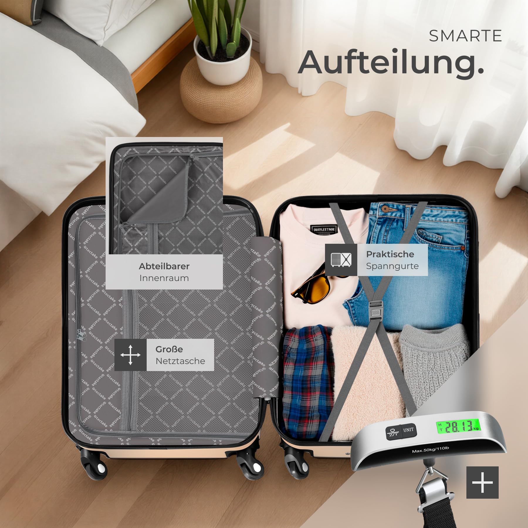 tectake® 4-teiliges Reisekoffer Kofferset inkl. Kofferwaage und Gepäckanhänger, 360° Rollen, Hartschalenkoffer mit Zahlenschloss, Koffer groß, ineinander stapelbar, Trolley Handgepäck - Champagner