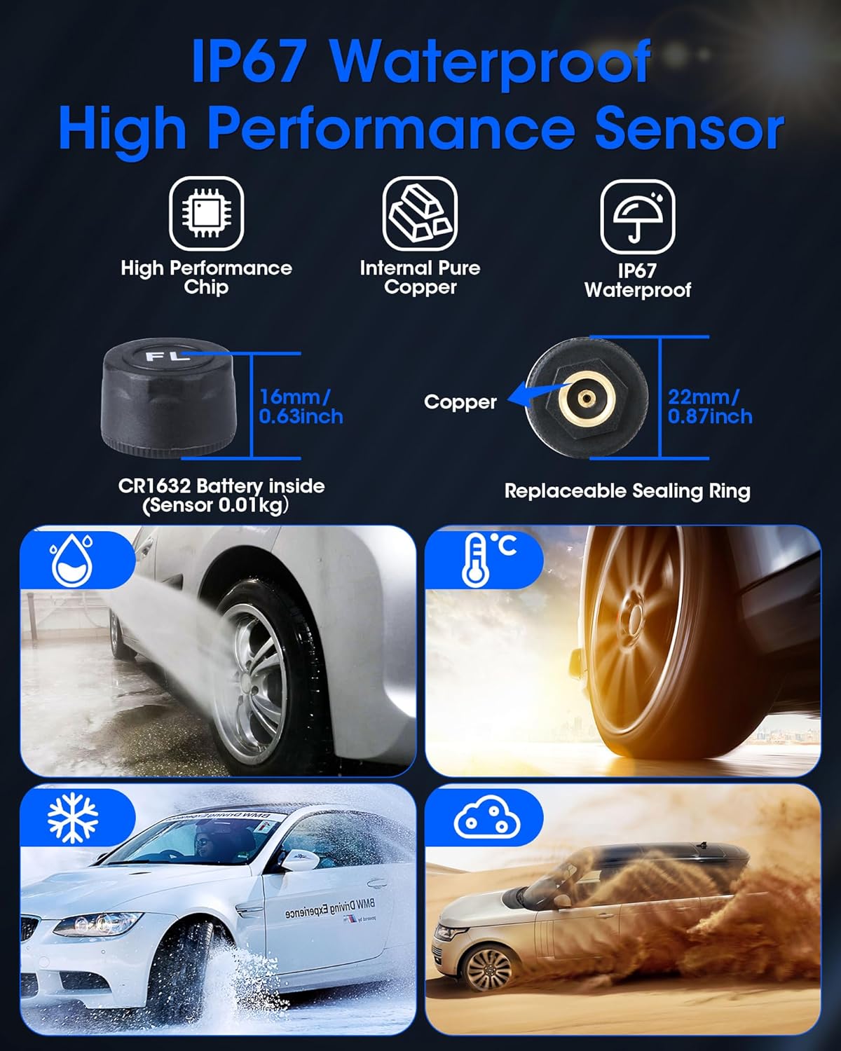 Close-up of TPMS sensor with IP67 waterproof rating and internal copper components