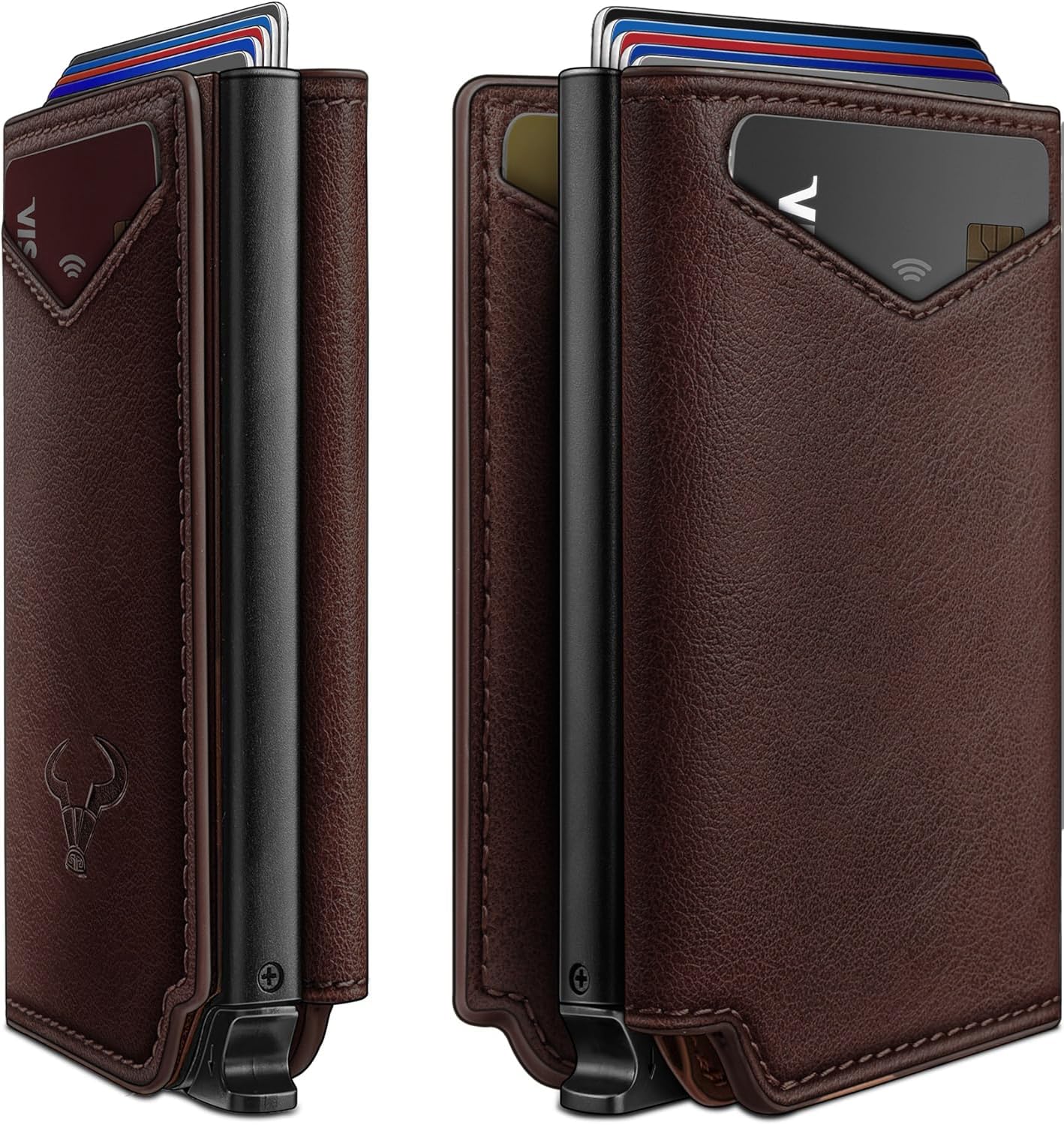 VOGARD RFID Blocking Pop-Up Wallet for Men | Slim Leather Bifold Wallet with Metal Card Holder, Magnetic Flip, ID Window & Cash Pocket | Holds 10 Cards Brown