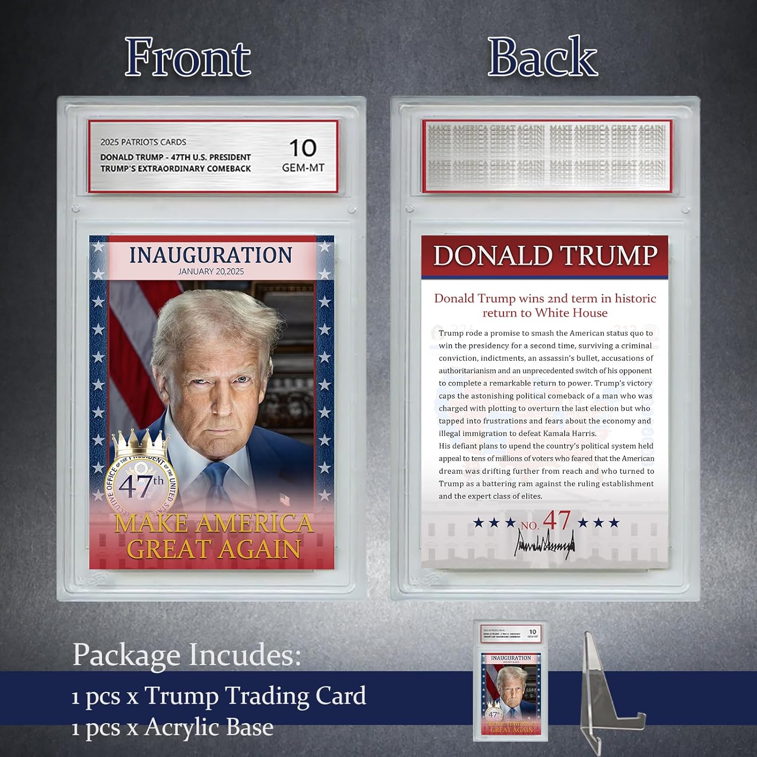 Trump Trading Card - Donald Trump Collectibles, Assasination Attempt, GEM Mint 10 Rated, 2024 MAGA Political Memorabilia Gifts (Inauguration Card with Base)