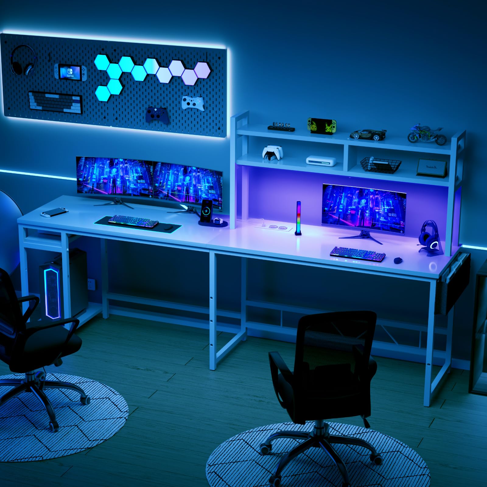 Devoko Bureau Gaming avec LED 160 x 120 cm, Bureau d'angle Gaming avec 2 Prises de Courant et 2 Ports USB, Bureau Informatique avec Etageres de Rangement, Structure en Acier, Blanc