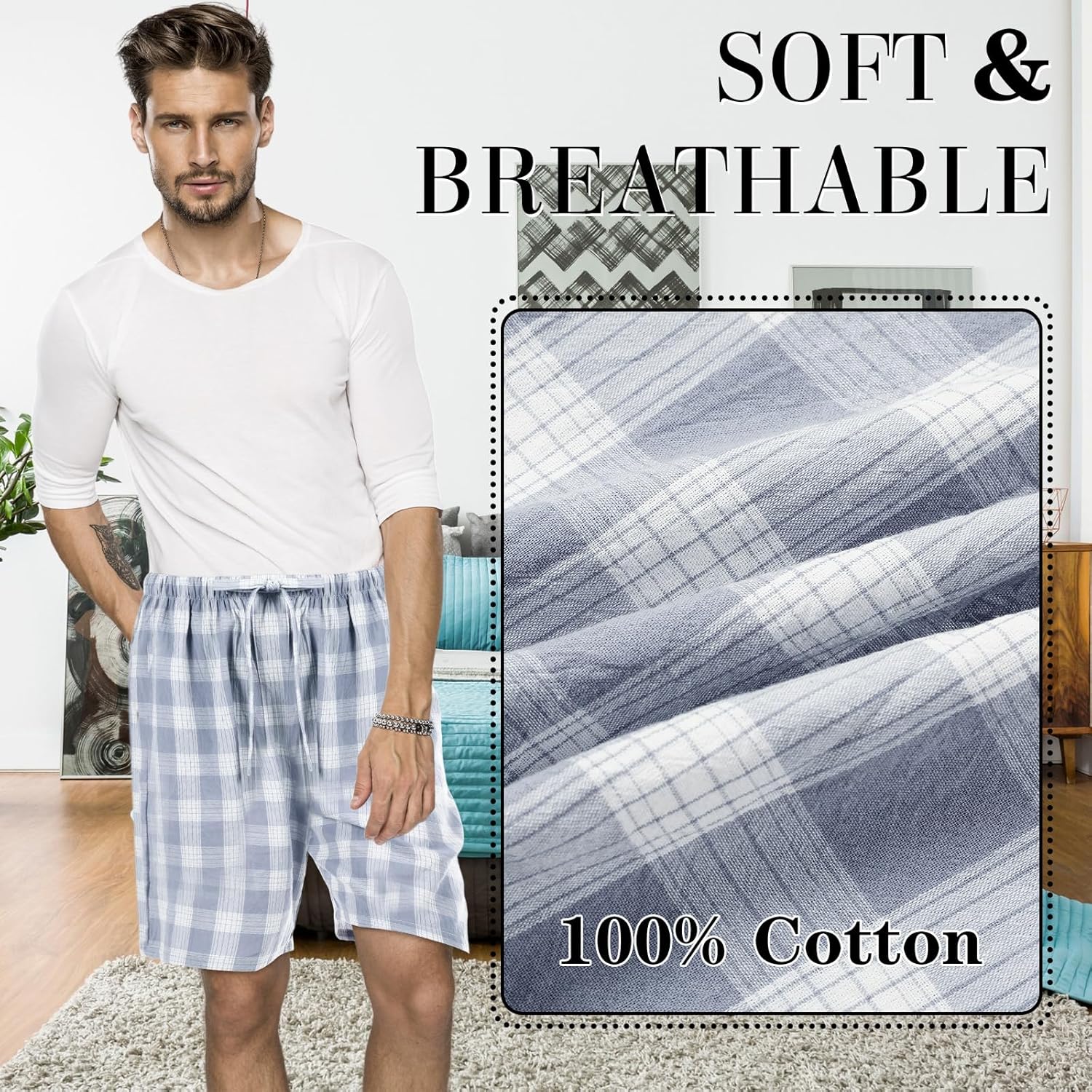 3 Pack Men Cotton Pajama Shorts Woven Sleep Pajama Lounge Sleep Shorts with Drawstring Pockets - Image 5