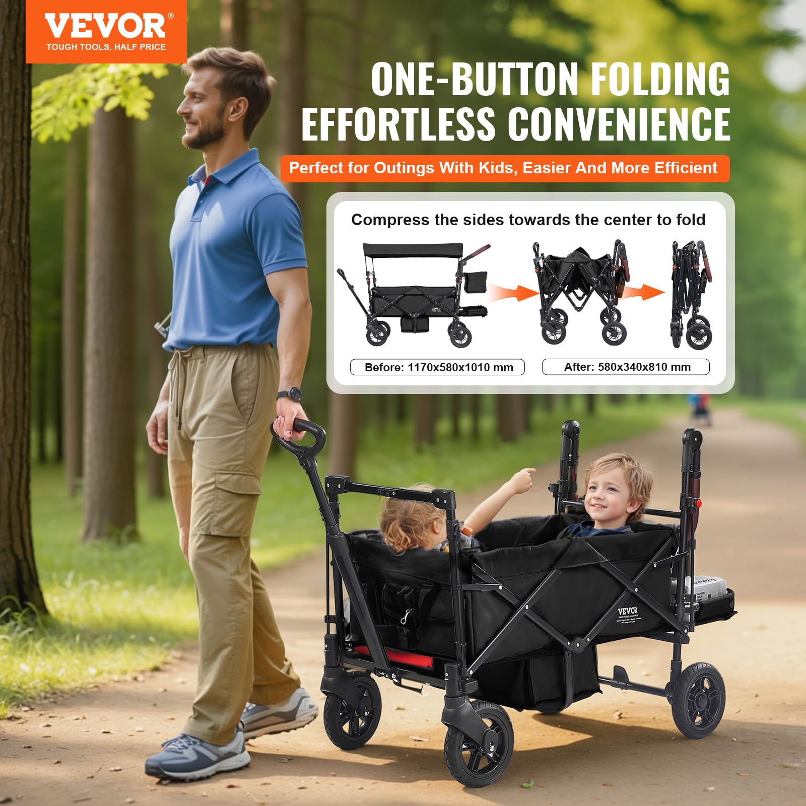 VEVOR Passeggino Wagon per 2 Bambini Pieghevole con Maniglia Regolabile, Tettuccio Rimovibile, Imbracatura Circolare, 4 Ruote con Freni, Multifunzione per Campeggio, Nero