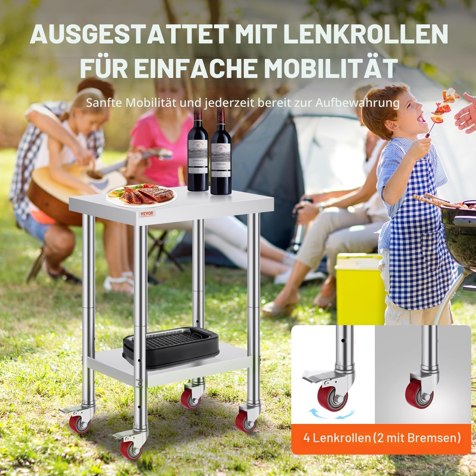 VEVOR Edelstahltisch Arbeitstisch 61 x 46 x 86 cm, Gastronomie Küchentisch mit 100 kg Tragkraft, Vorbereitungstisch mit 4 Verstellbaren Füßen, Serviertisch Rollbar für Küche Bar & Restaurant
